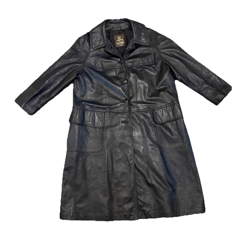 VTG Black Long Leather Trench Coat~24k Leather By Dan Di Modes Women's Sz 1X-2X